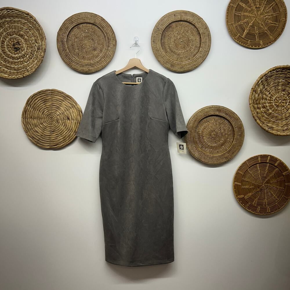 NEW $119 Anne Klein Midi Dress 8 Gray Faux Suede Short Sleeve Minimalist Office